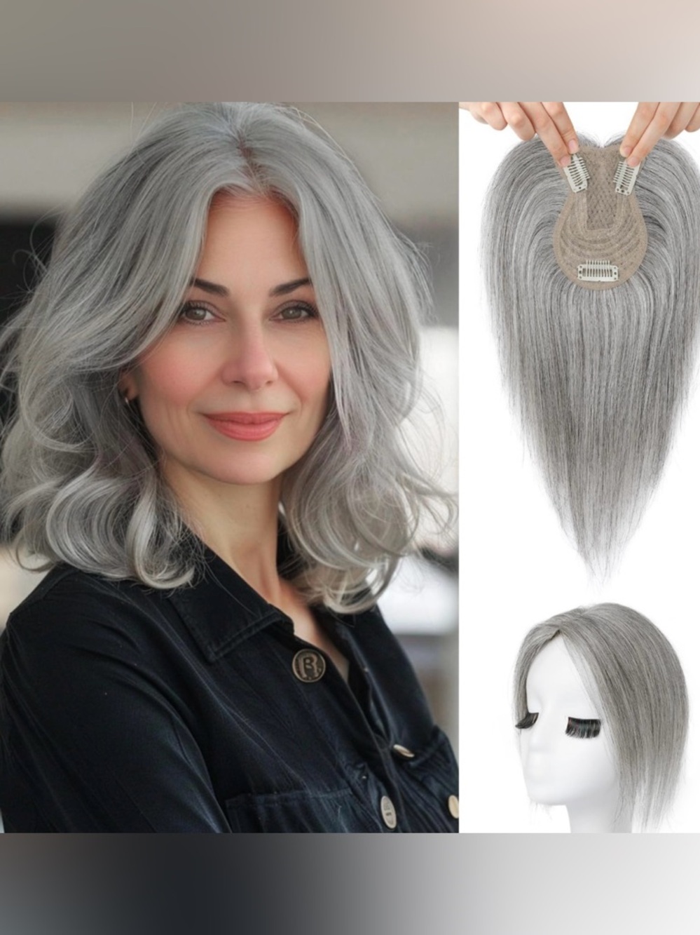 Real Human Hair Topper LIGHT GRAY -  10 Inch Side Bangs Clip In Hair Piece NEW